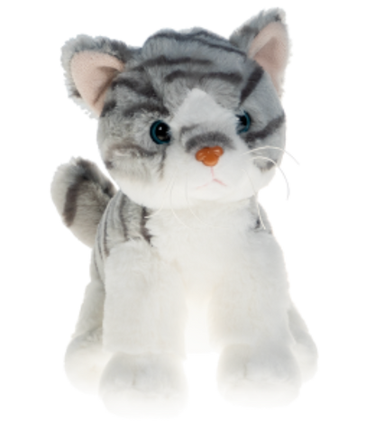 Plush toy cat with gray and white fur on a white background