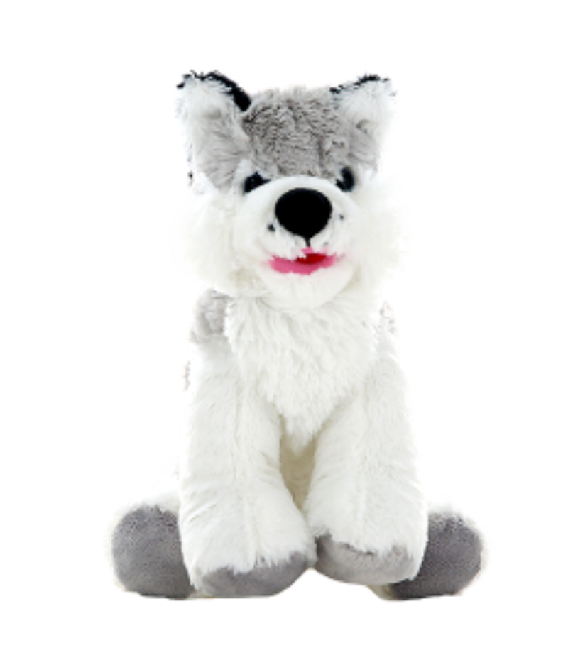 Plush toy Husky with gray and white fur on a white background