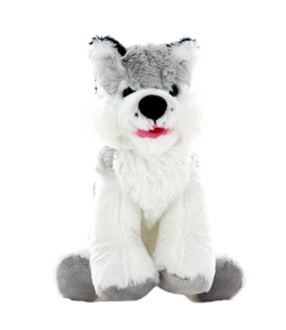 Plush toy Husky with gray and white fur on a white background