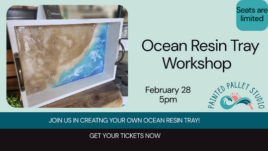 Advertisement for an Ocean Resin Tray Workshop with a resin tray and watercolor design.