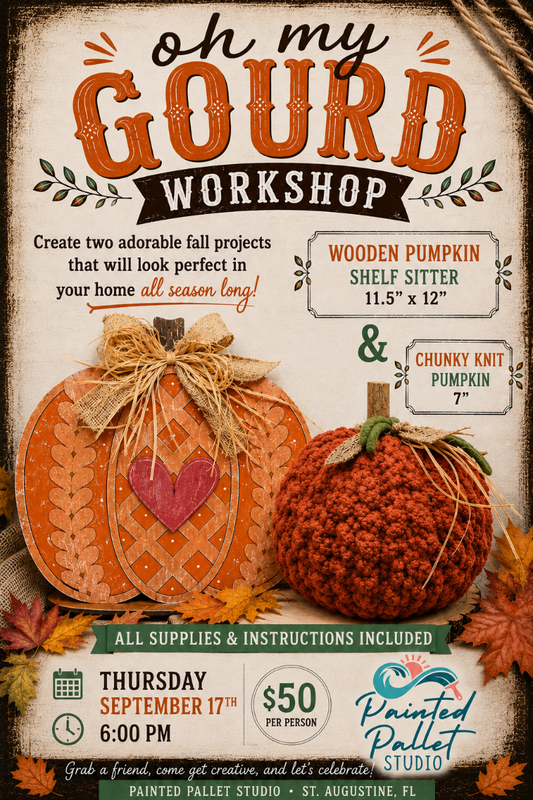 A promotional flyer for an autumn-themed 'Oh My Gourd Workshop' by Painted Pallet Studio. The flyer features a rustic, vintage-style design with a textured beige background, fall leaves, and two illustrated pumpkins: one orange with a heart pattern and bow, and one orange chunky-knit pumpkin.