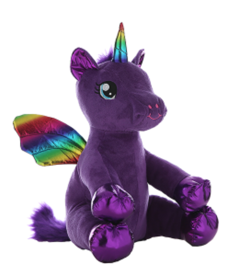 Purple plush toy with rainbow wings and horn on a white background