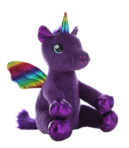 Purple plush toy with rainbow wings and horn on a white background