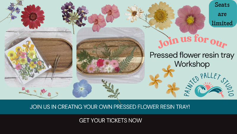 Advertisement for a pressed flower resin tray workshop with floral elements and text.