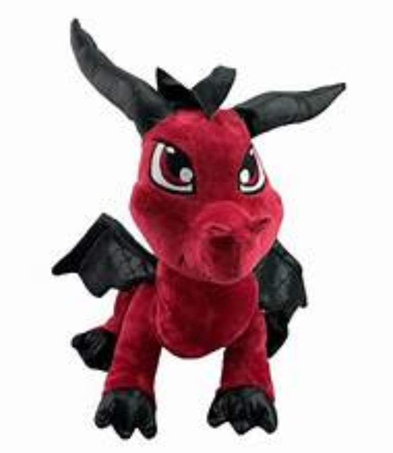 Red dragon plush toy with black wings and horns on a white background