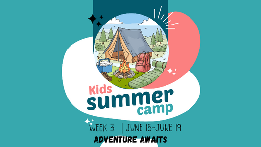 Promotional graphic for Kids Summer Camp with a tent, campfire, and nature elements on a teal background.