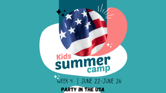 Promotional graphic for Kids Summer Camp with American flag design on a teal background