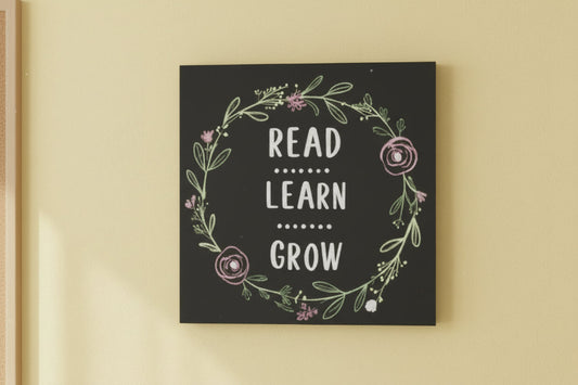 the words read learn grow with a laurel wreath surrounding the text set on a black background 